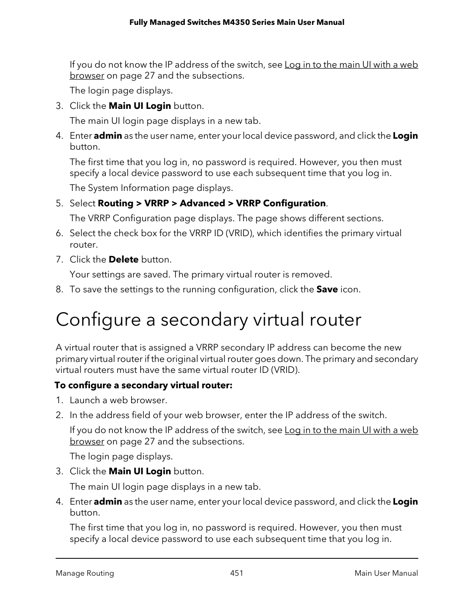 Configure a secondary virtual router | NETGEAR M4350-24F4V 24-Port 10G SFP+ Managed AV Network Switch User Manual | Page 451 / 971