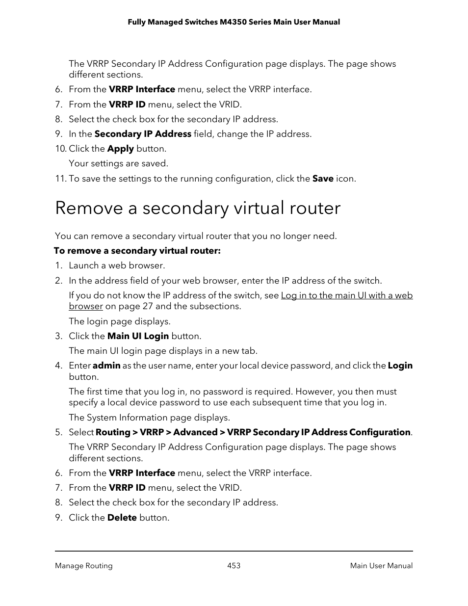 Remove a secondary virtual router | NETGEAR M4350-24F4V 24-Port 10G SFP+ Managed AV Network Switch User Manual | Page 453 / 971