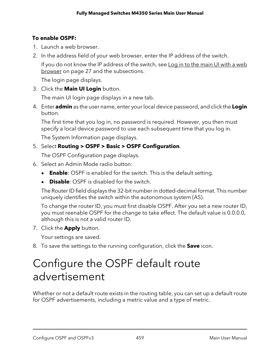 Configure the ospf default route advertisement | NETGEAR M4350-24F4V 24-Port 10G SFP+ Managed AV Network Switch User Manual | Page 459 / 971