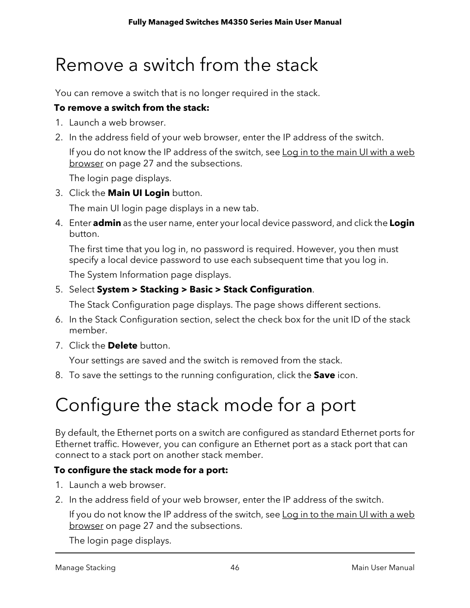 Remove a switch from the stack, Configure the stack mode for a port | NETGEAR M4350-24F4V 24-Port 10G SFP+ Managed AV Network Switch User Manual | Page 46 / 971