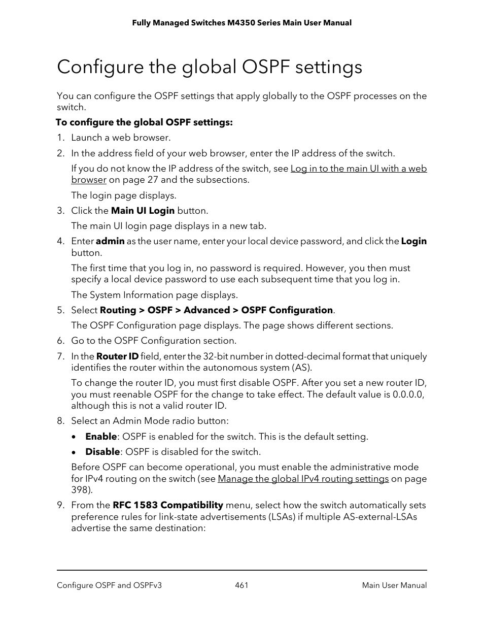 Configure the global ospf settings | NETGEAR M4350-24F4V 24-Port 10G SFP+ Managed AV Network Switch User Manual | Page 461 / 971