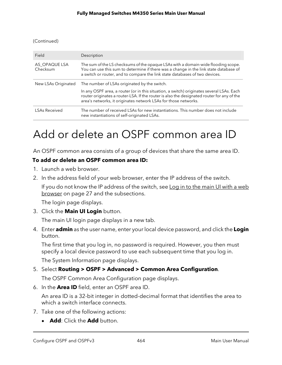 Add or delete an ospf common area id | NETGEAR M4350-24F4V 24-Port 10G SFP+ Managed AV Network Switch User Manual | Page 464 / 971