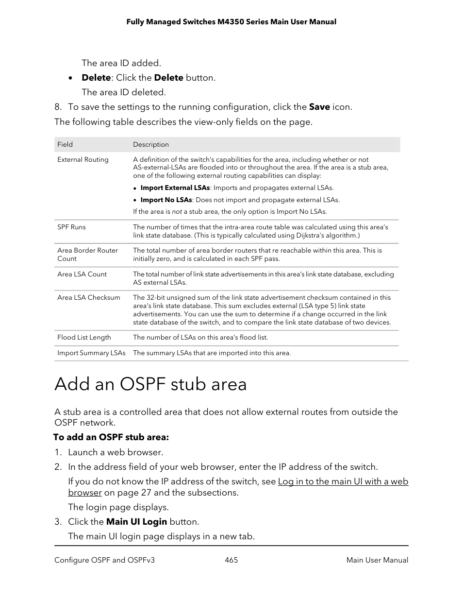 Add an ospf stub area | NETGEAR M4350-24F4V 24-Port 10G SFP+ Managed AV Network Switch User Manual | Page 465 / 971