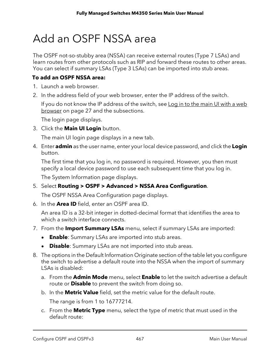 Add an ospf nssa area | NETGEAR M4350-24F4V 24-Port 10G SFP+ Managed AV Network Switch User Manual | Page 467 / 971