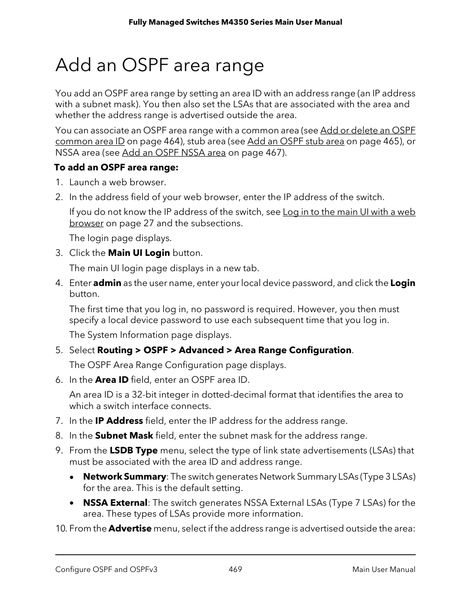 Add an ospf area range | NETGEAR M4350-24F4V 24-Port 10G SFP+ Managed AV Network Switch User Manual | Page 469 / 971