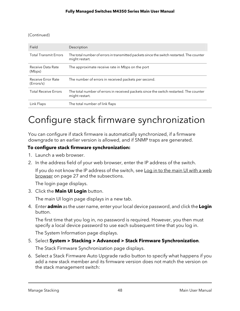 Configure stack firmware synchronization | NETGEAR M4350-24F4V 24-Port 10G SFP+ Managed AV Network Switch User Manual | Page 48 / 971