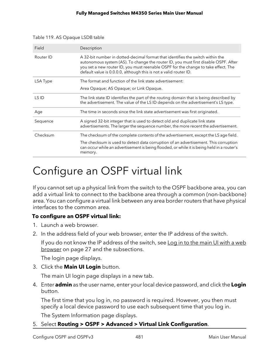 Configure an ospf virtual link | NETGEAR M4350-24F4V 24-Port 10G SFP+ Managed AV Network Switch User Manual | Page 481 / 971