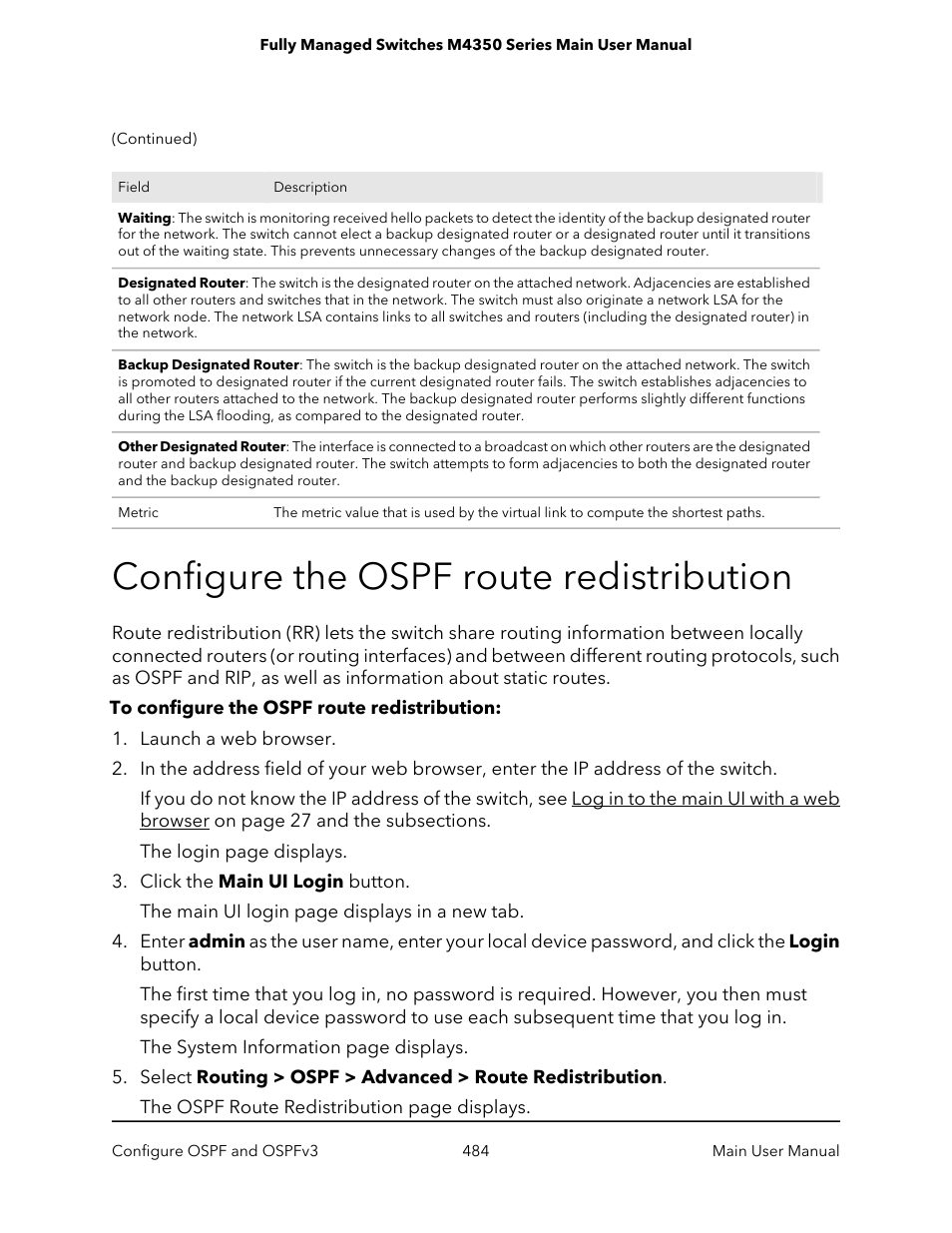 Configure the ospf route redistribution | NETGEAR M4350-24F4V 24-Port 10G SFP+ Managed AV Network Switch User Manual | Page 484 / 971