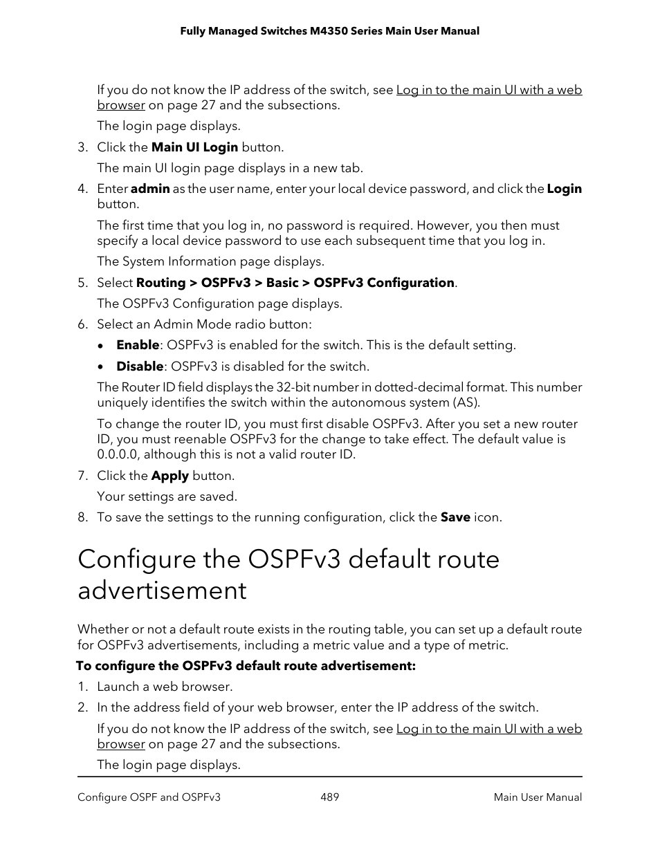 Configure the ospfv3 default route advertisement | NETGEAR M4350-24F4V 24-Port 10G SFP+ Managed AV Network Switch User Manual | Page 489 / 971