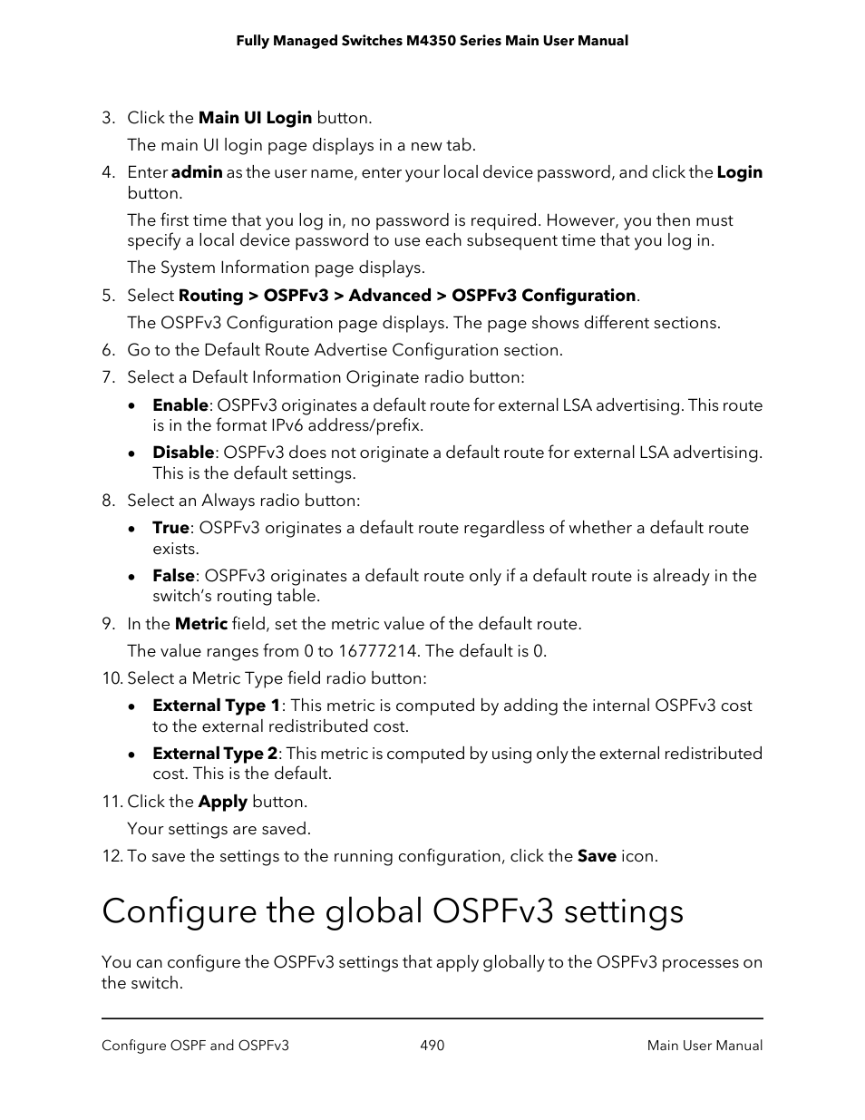 Configure the global ospfv3 settings | NETGEAR M4350-24F4V 24-Port 10G SFP+ Managed AV Network Switch User Manual | Page 490 / 971