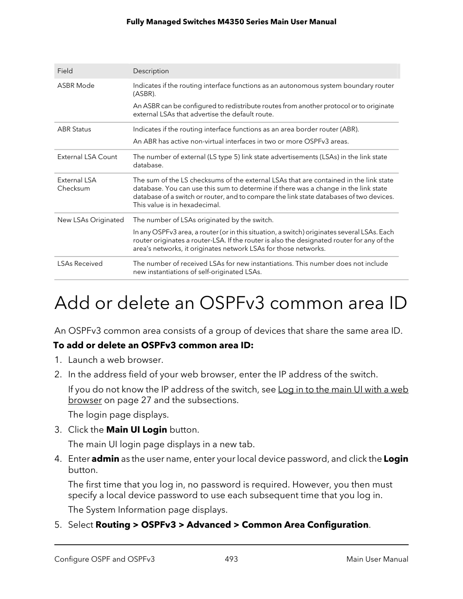 Add or delete an ospfv3 common area id | NETGEAR M4350-24F4V 24-Port 10G SFP+ Managed AV Network Switch User Manual | Page 493 / 971