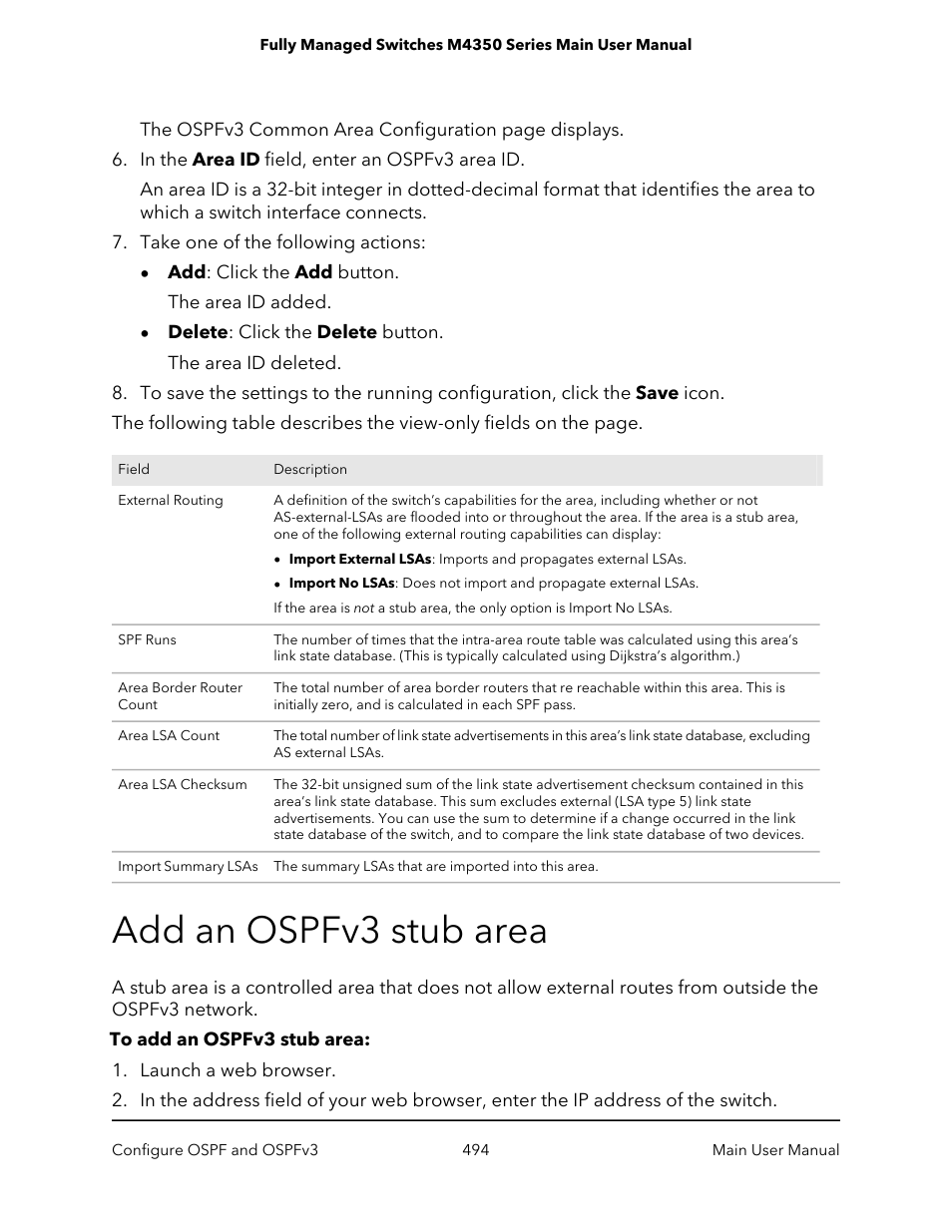 Add an ospfv3 stub area | NETGEAR M4350-24F4V 24-Port 10G SFP+ Managed AV Network Switch User Manual | Page 494 / 971