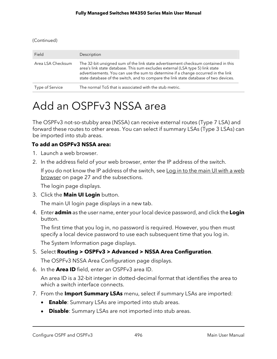 Add an ospfv3 nssa area | NETGEAR M4350-24F4V 24-Port 10G SFP+ Managed AV Network Switch User Manual | Page 496 / 971