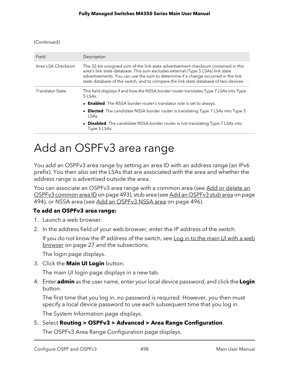 Add an ospfv3 area range | NETGEAR M4350-24F4V 24-Port 10G SFP+ Managed AV Network Switch User Manual | Page 498 / 971