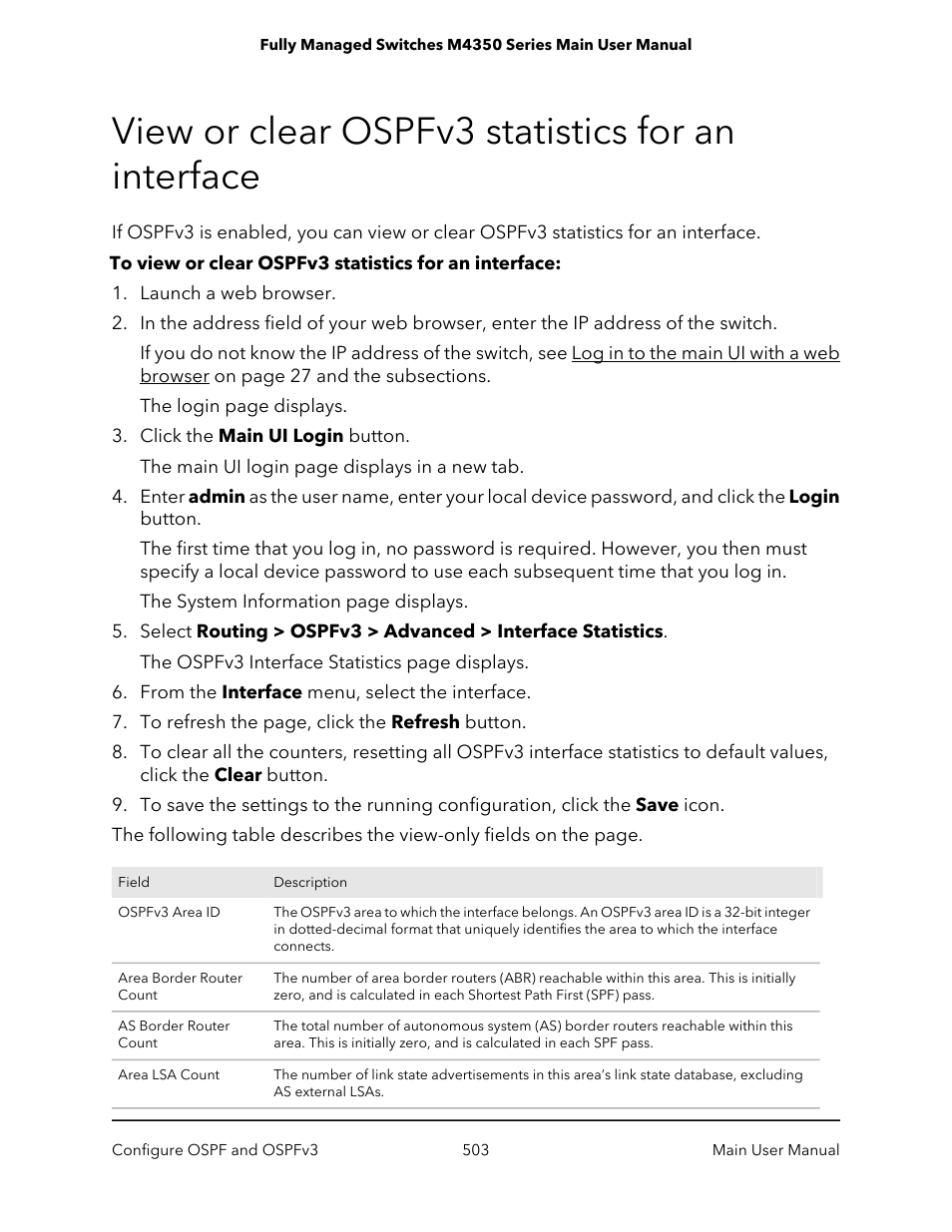 View or clear ospfv3 statistics for an interface | NETGEAR M4350-24F4V 24-Port 10G SFP+ Managed AV Network Switch User Manual | Page 503 / 971