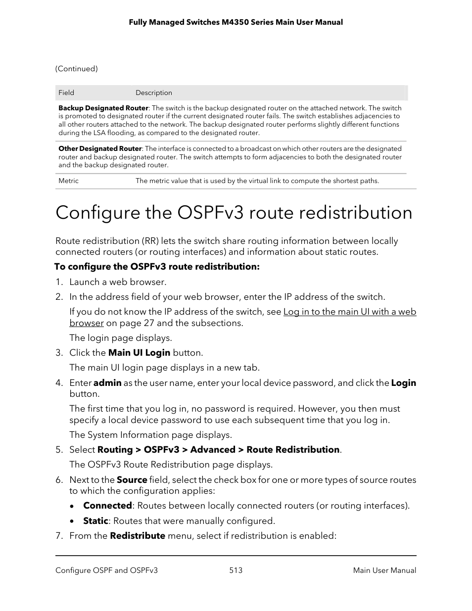 Configure the ospfv3 route redistribution | NETGEAR M4350-24F4V 24-Port 10G SFP+ Managed AV Network Switch User Manual | Page 513 / 971