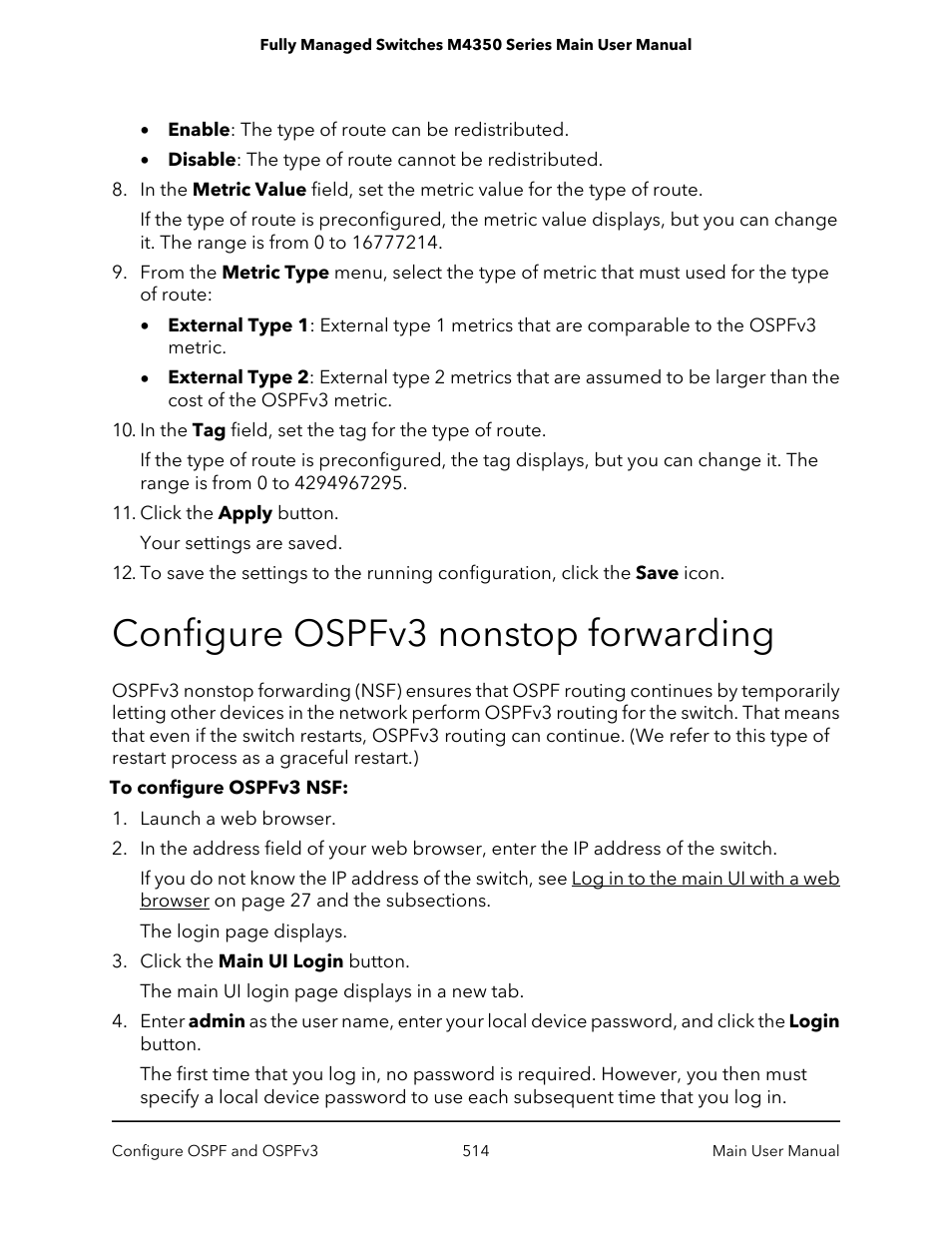 Configure ospfv3 nonstop forwarding | NETGEAR M4350-24F4V 24-Port 10G SFP+ Managed AV Network Switch User Manual | Page 514 / 971