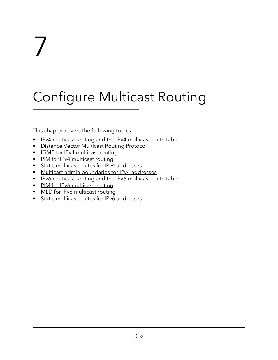 Configure multicast routing, Chapter 7 configure multicast routing | NETGEAR M4350-24F4V 24-Port 10G SFP+ Managed AV Network Switch User Manual | Page 516 / 971