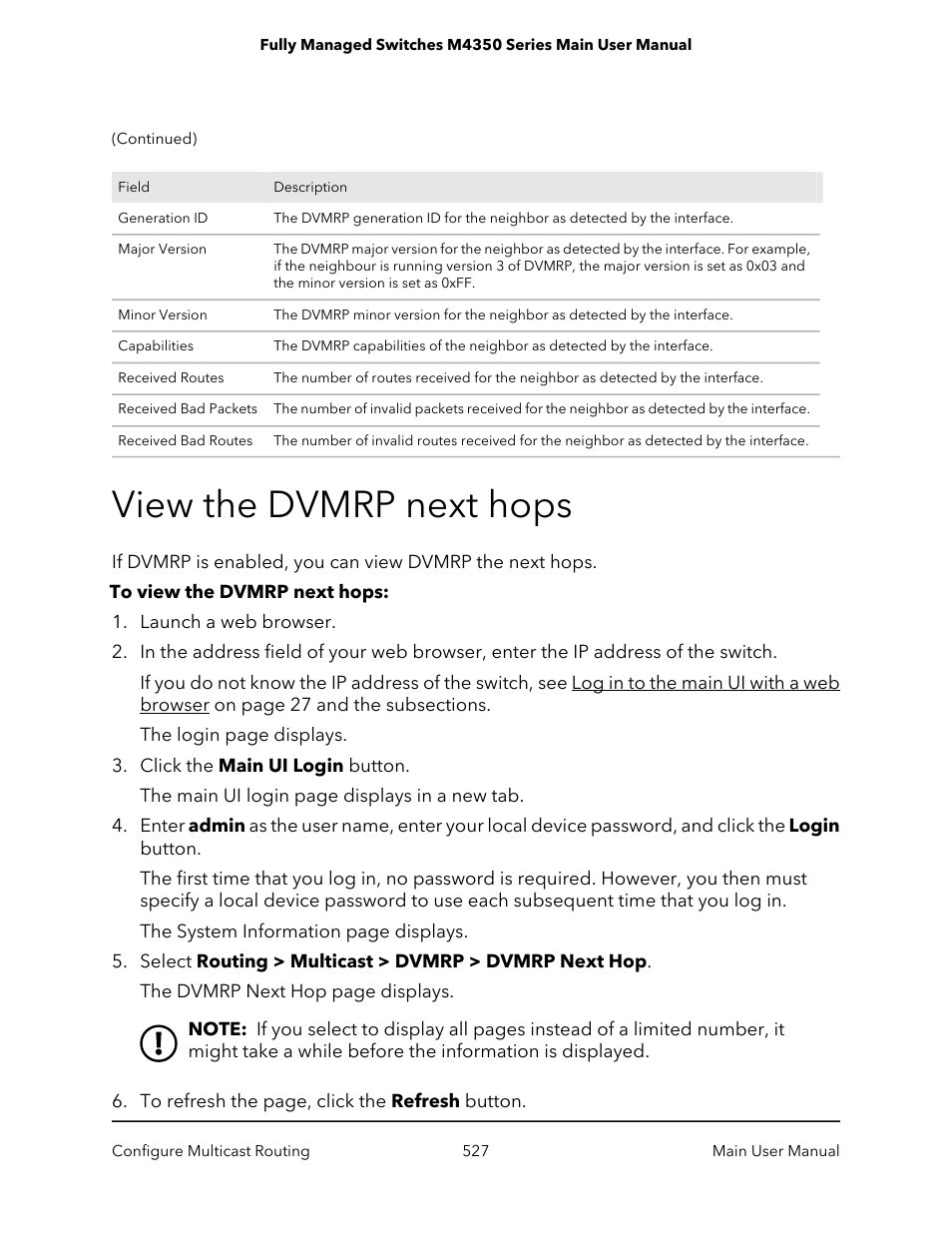 View the dvmrp next hops | NETGEAR M4350-24F4V 24-Port 10G SFP+ Managed AV Network Switch User Manual | Page 527 / 971