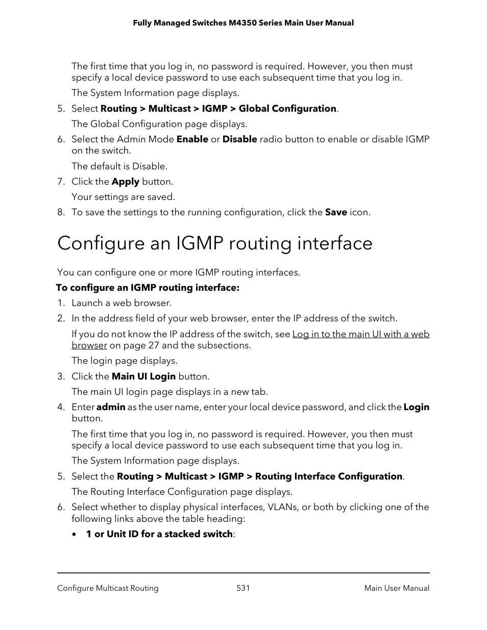 Configure an igmp routing interface | NETGEAR M4350-24F4V 24-Port 10G SFP+ Managed AV Network Switch User Manual | Page 531 / 971