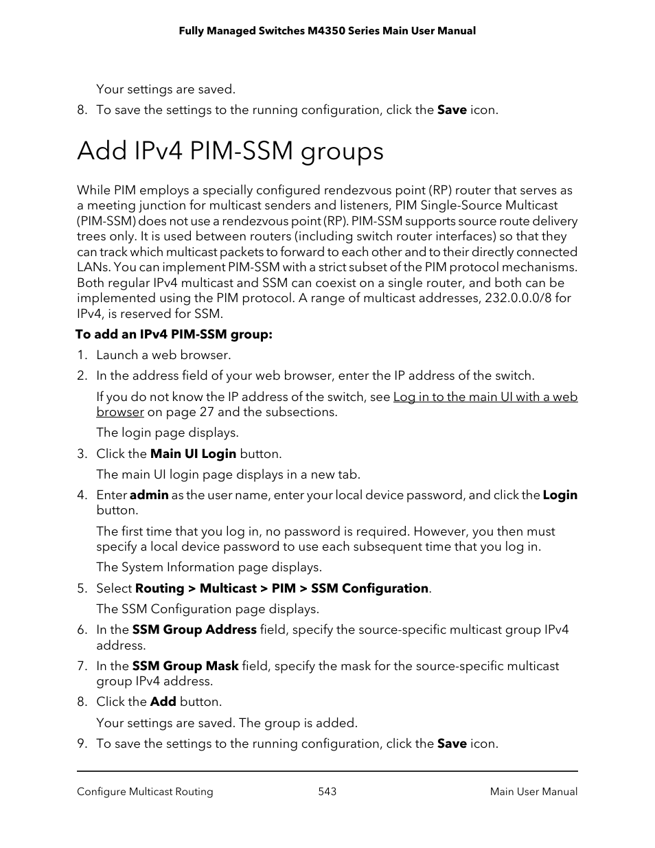 Add ipv4 pim-ssm groups | NETGEAR M4350-24F4V 24-Port 10G SFP+ Managed AV Network Switch User Manual | Page 543 / 971