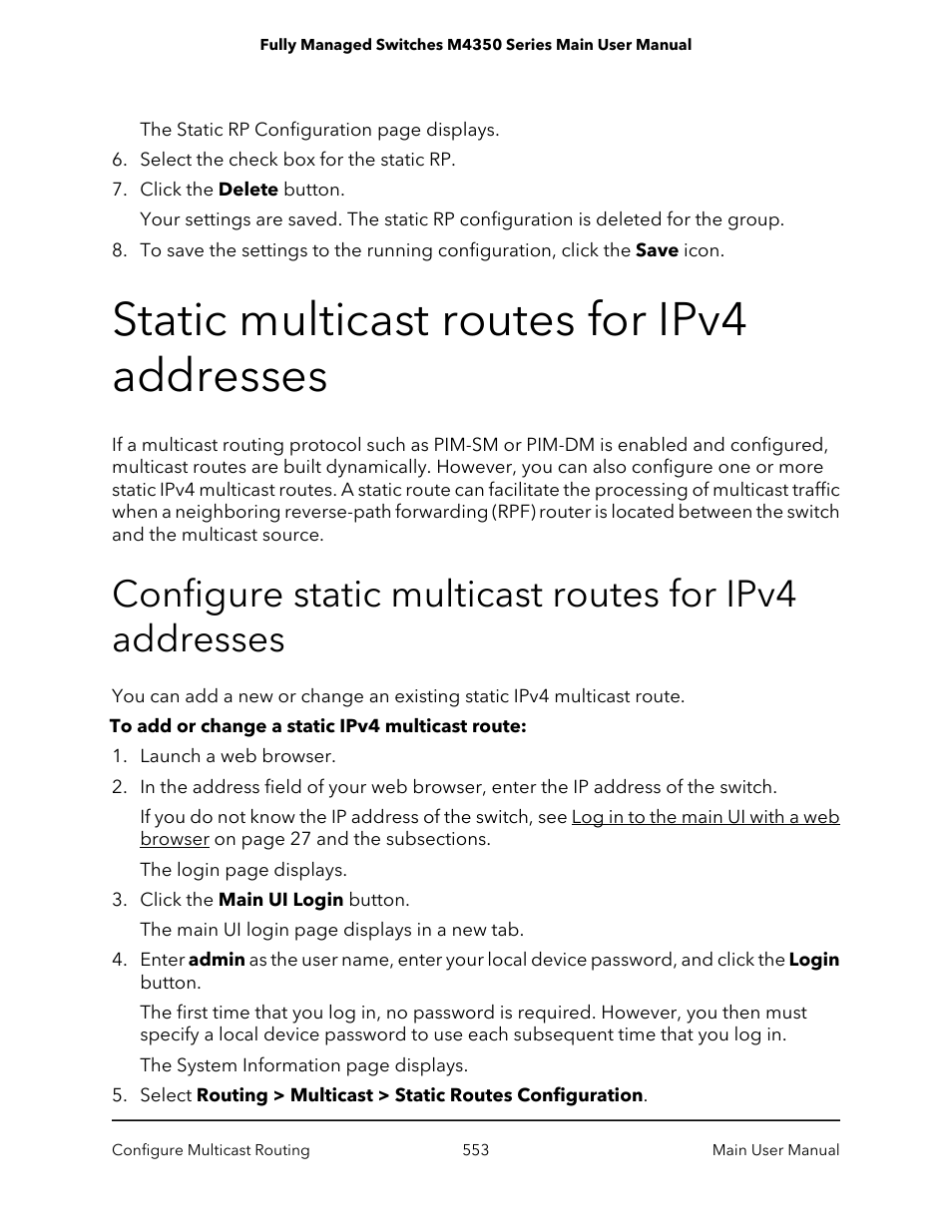 Static multicast routes for ipv4 addresses | NETGEAR M4350-24F4V 24-Port 10G SFP+ Managed AV Network Switch User Manual | Page 553 / 971