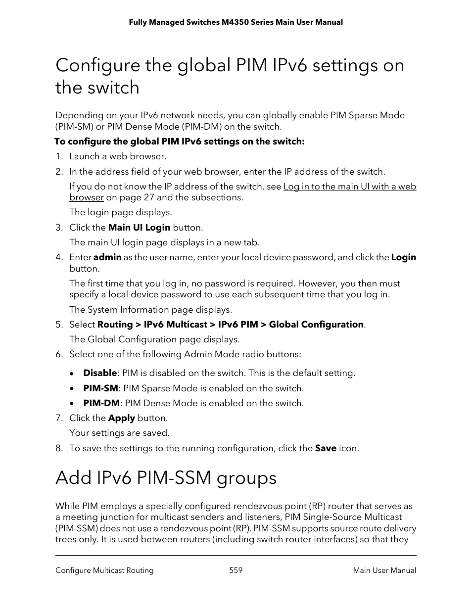 Add ipv6 pim-ssm groups | NETGEAR M4350-24F4V 24-Port 10G SFP+ Managed AV Network Switch User Manual | Page 559 / 971