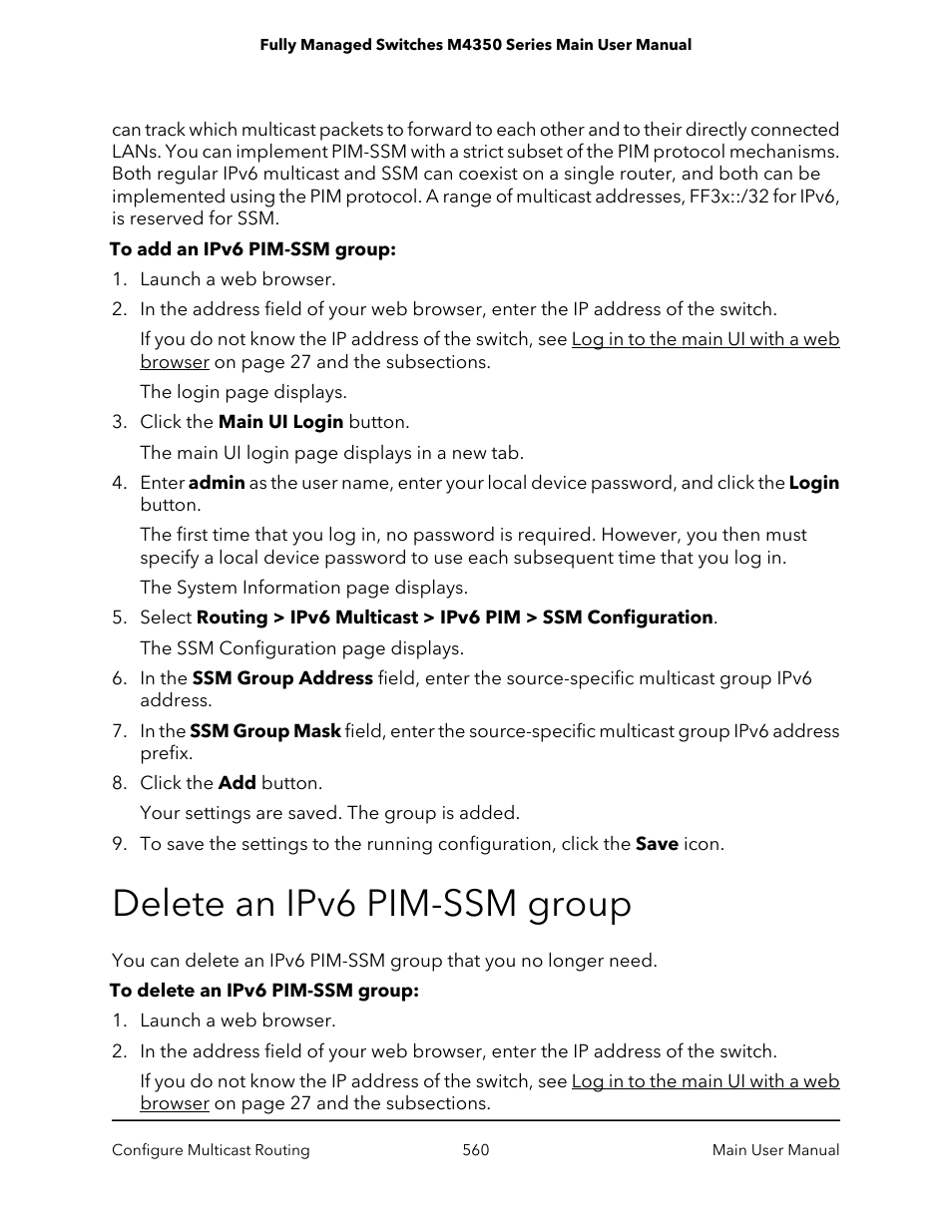 Delete an ipv6 pim-ssm group | NETGEAR M4350-24F4V 24-Port 10G SFP+ Managed AV Network Switch User Manual | Page 560 / 971