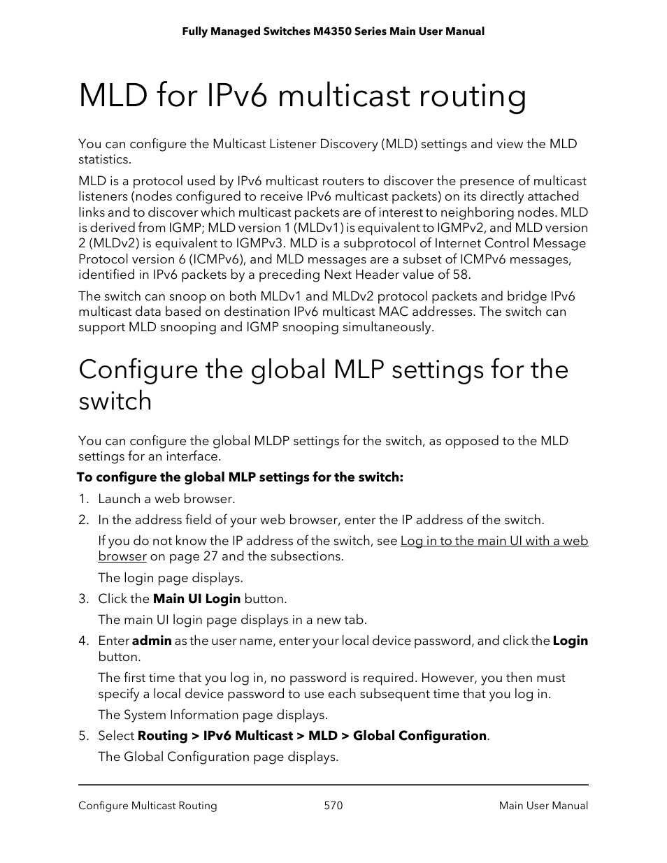 Mld for ipv6 multicast routing, Configure the global mlp settings for the switch | NETGEAR M4350-24F4V 24-Port 10G SFP+ Managed AV Network Switch User Manual | Page 570 / 971