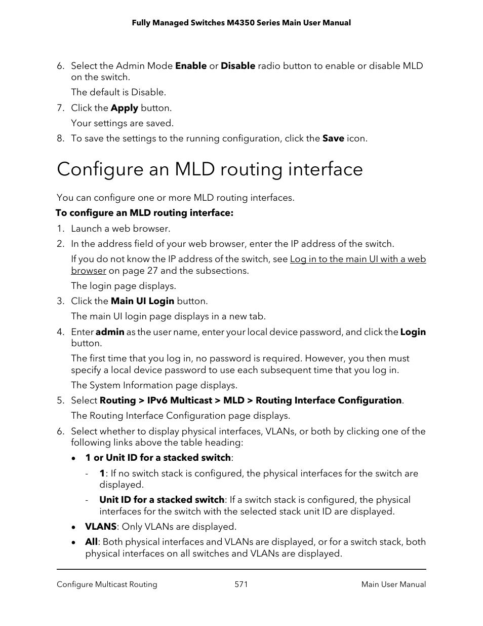 Configure an mld routing interface | NETGEAR M4350-24F4V 24-Port 10G SFP+ Managed AV Network Switch User Manual | Page 571 / 971