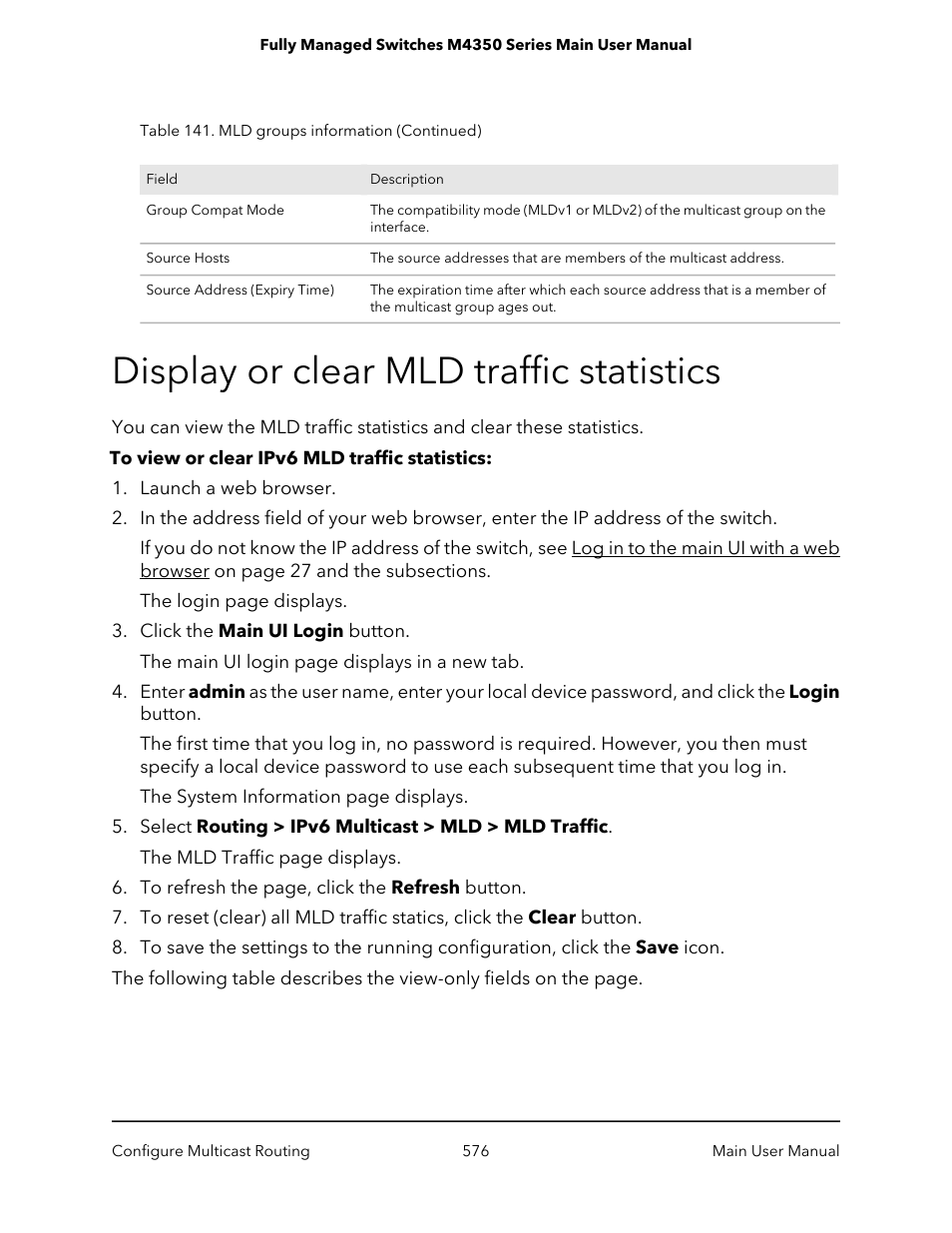 Display or clear mld traffic statistics | NETGEAR M4350-24F4V 24-Port 10G SFP+ Managed AV Network Switch User Manual | Page 576 / 971