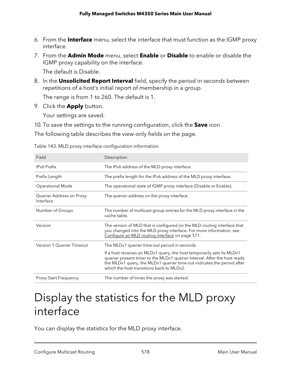 Display the statistics for the mld proxy interface | NETGEAR M4350-24F4V 24-Port 10G SFP+ Managed AV Network Switch User Manual | Page 578 / 971