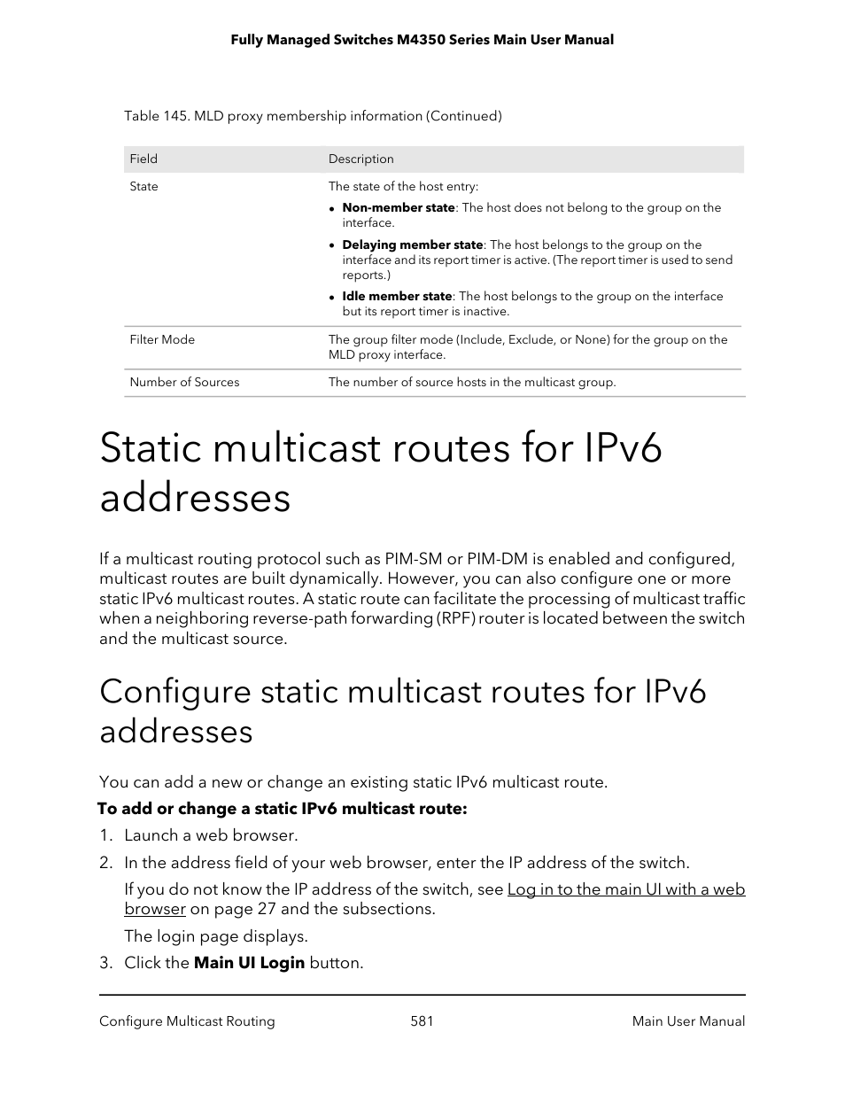 Static multicast routes for ipv6 addresses | NETGEAR M4350-24F4V 24-Port 10G SFP+ Managed AV Network Switch User Manual | Page 581 / 971