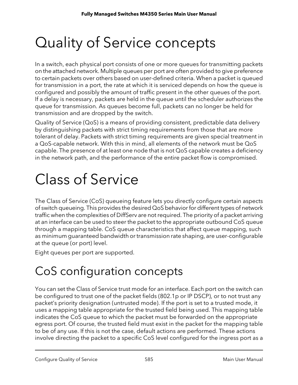 Quality of service concepts, Class of service, Cos configuration concepts | Quality of service concepts class of service | NETGEAR M4350-24F4V 24-Port 10G SFP+ Managed AV Network Switch User Manual | Page 585 / 971