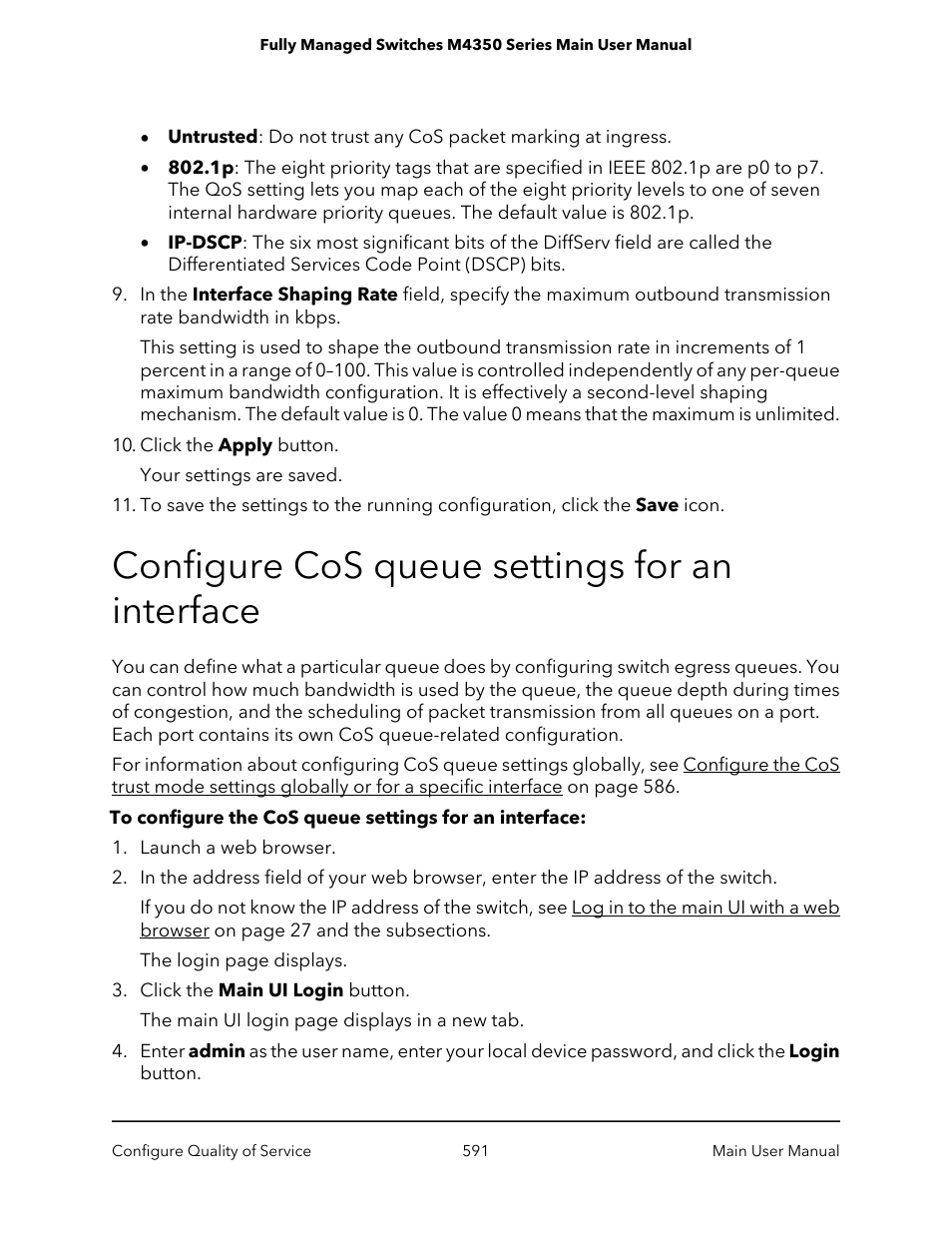 Configure cos queue settings for an interface | NETGEAR M4350-24F4V 24-Port 10G SFP+ Managed AV Network Switch User Manual | Page 591 / 971