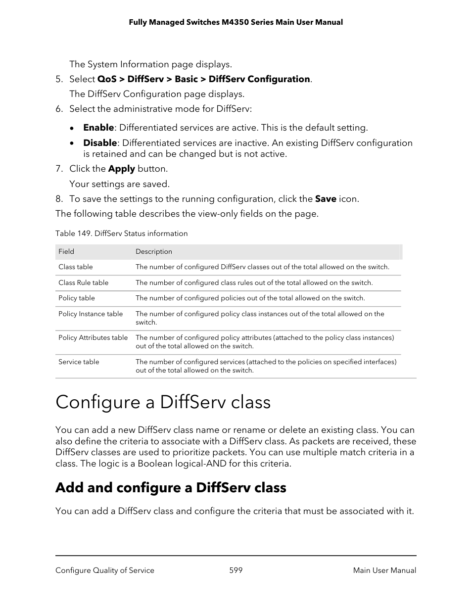 Configure a diffserv class, Add and configure a diffserv class | NETGEAR M4350-24F4V 24-Port 10G SFP+ Managed AV Network Switch User Manual | Page 599 / 971