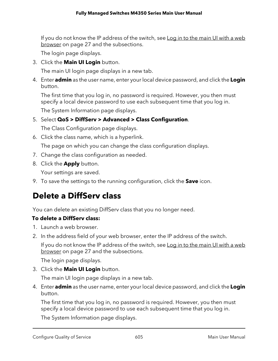 Delete a diffserv class | NETGEAR M4350-24F4V 24-Port 10G SFP+ Managed AV Network Switch User Manual | Page 605 / 971