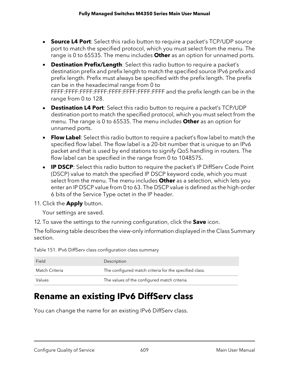 Rename an existing ipv6 diffserv class | NETGEAR M4350-24F4V 24-Port 10G SFP+ Managed AV Network Switch User Manual | Page 609 / 971