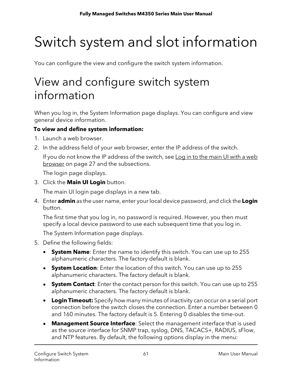 Switch system and slot information, View and configure switch system information | NETGEAR M4350-24F4V 24-Port 10G SFP+ Managed AV Network Switch User Manual | Page 61 / 971