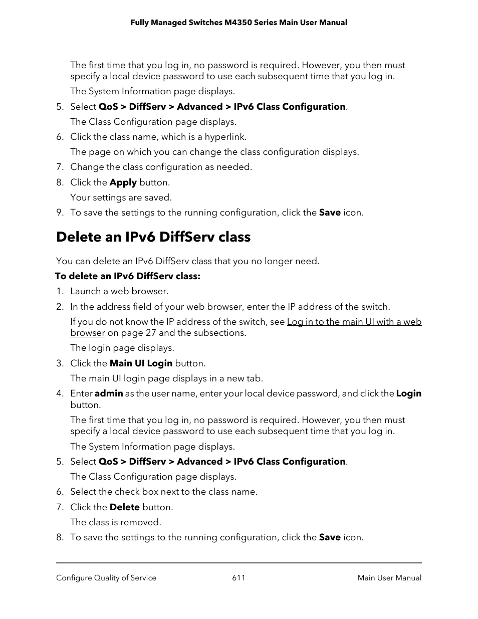 Delete an ipv6 diffserv class | NETGEAR M4350-24F4V 24-Port 10G SFP+ Managed AV Network Switch User Manual | Page 611 / 971