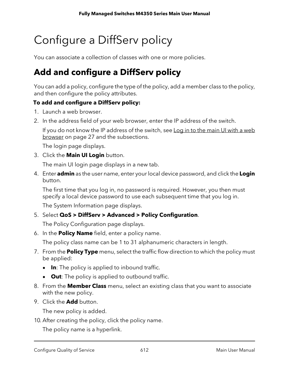 Configure a diffserv policy, Add and configure a diffserv policy | NETGEAR M4350-24F4V 24-Port 10G SFP+ Managed AV Network Switch User Manual | Page 612 / 971