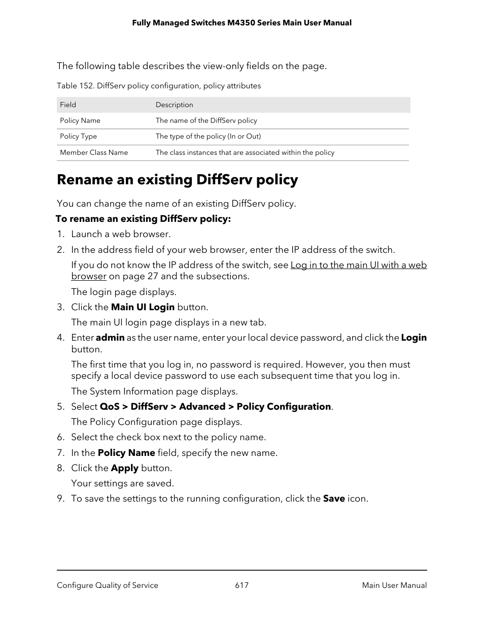 Rename an existing diffserv policy | NETGEAR M4350-24F4V 24-Port 10G SFP+ Managed AV Network Switch User Manual | Page 617 / 971