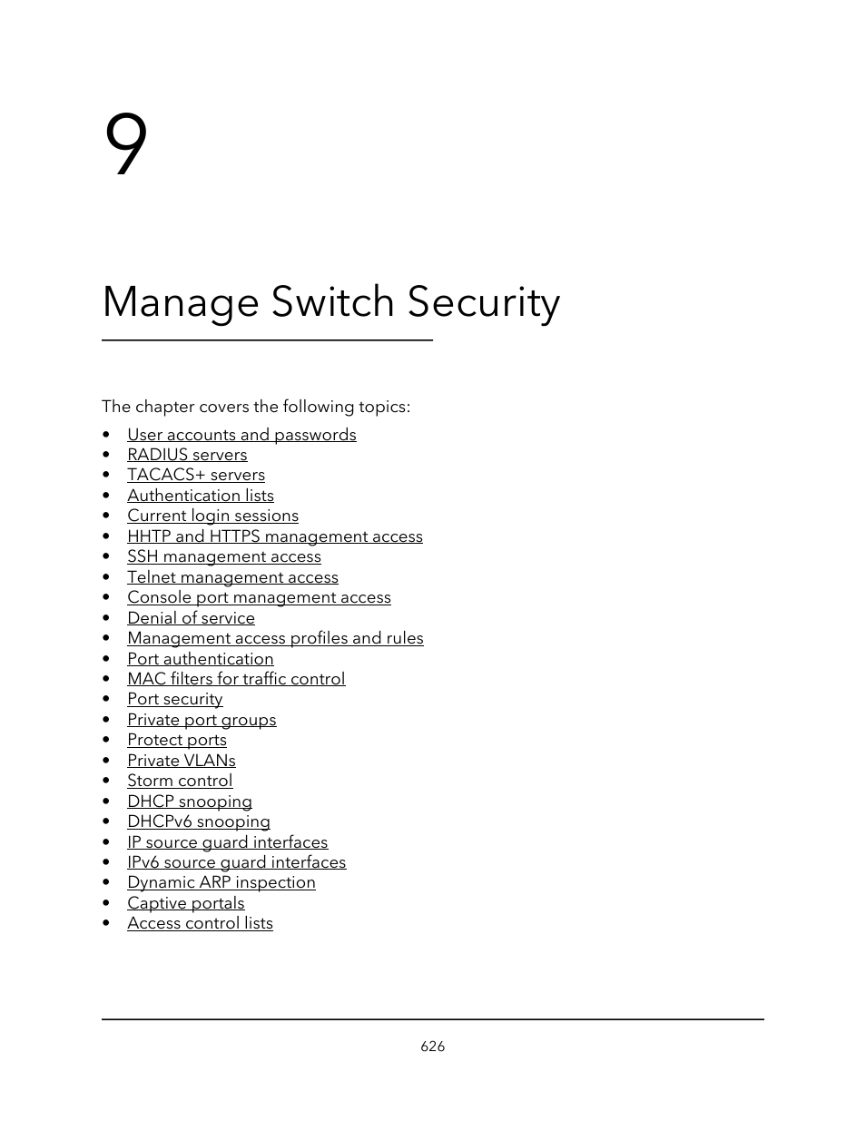 Manage switch security, Chapter 9 manage switch security | NETGEAR M4350-24F4V 24-Port 10G SFP+ Managed AV Network Switch User Manual | Page 626 / 971