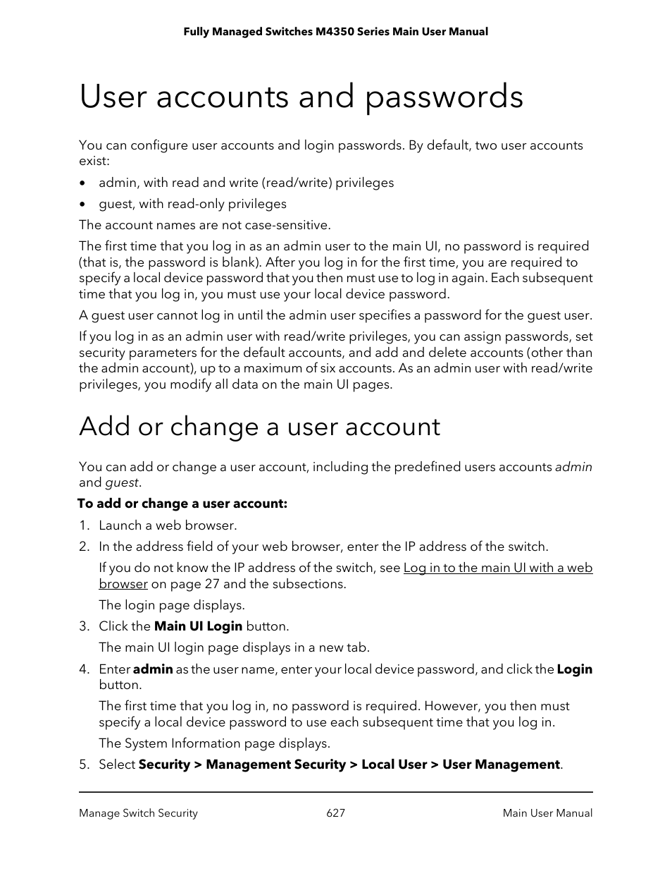 User accounts and passwords, Add or change a user account | NETGEAR M4350-24F4V 24-Port 10G SFP+ Managed AV Network Switch User Manual | Page 627 / 971