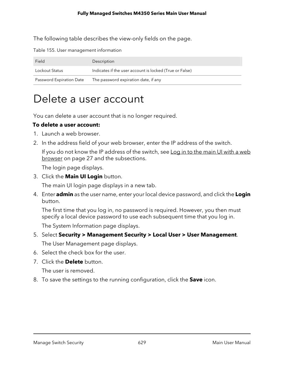 Delete a user account | NETGEAR M4350-24F4V 24-Port 10G SFP+ Managed AV Network Switch User Manual | Page 629 / 971