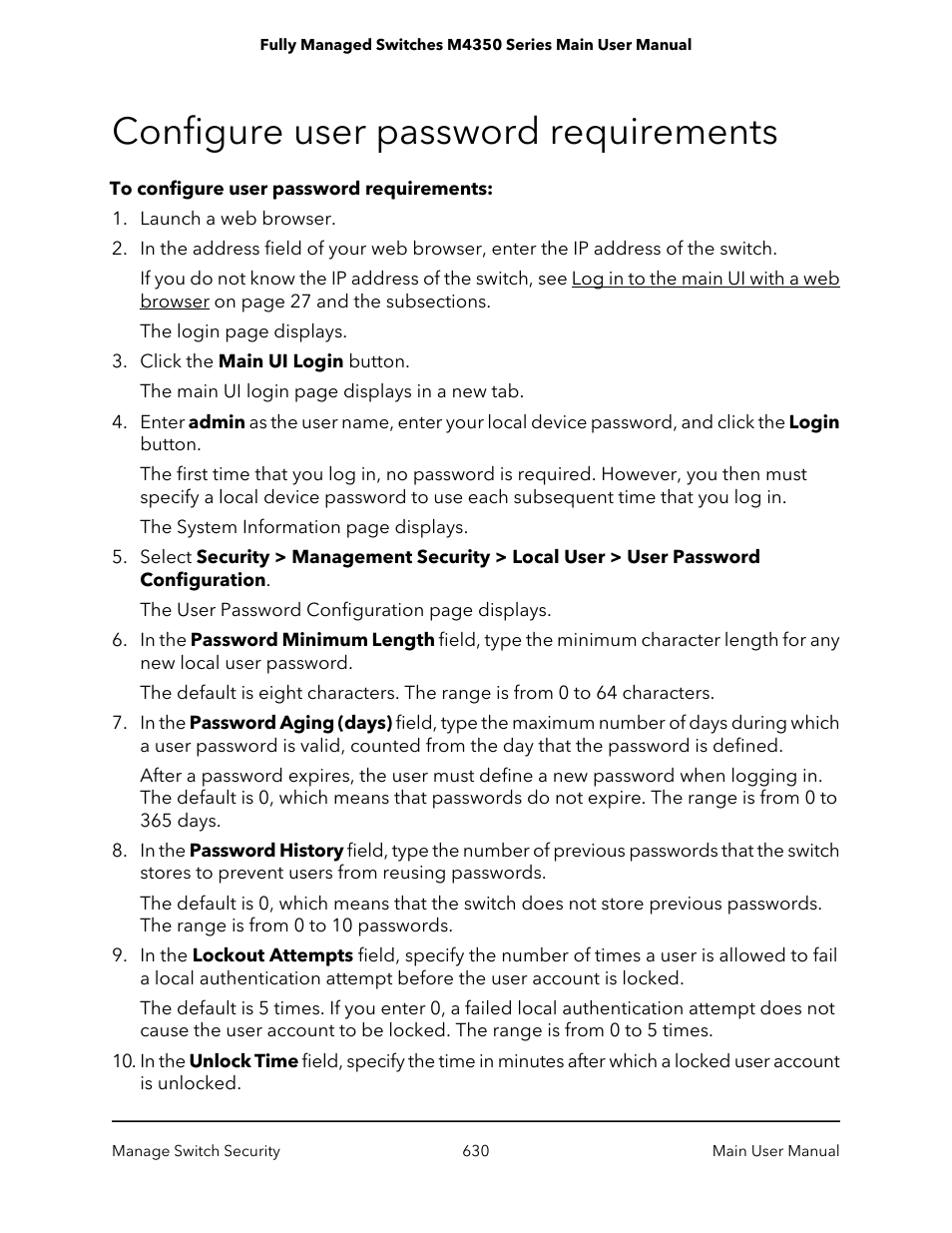 Configure user password requirements | NETGEAR M4350-24F4V 24-Port 10G SFP+ Managed AV Network Switch User Manual | Page 630 / 971