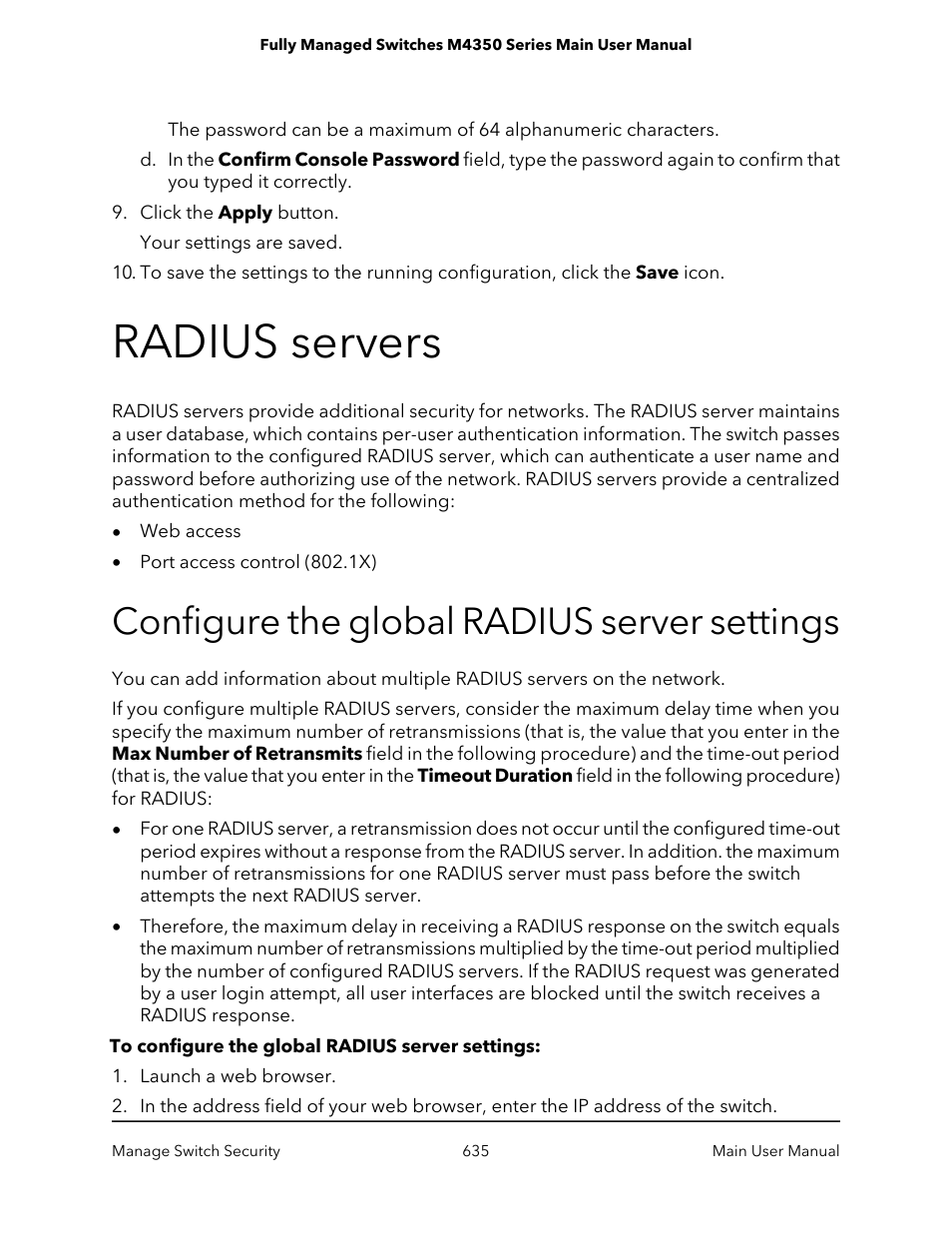 Radius servers, Configure the global radius server settings | NETGEAR M4350-24F4V 24-Port 10G SFP+ Managed AV Network Switch User Manual | Page 635 / 971