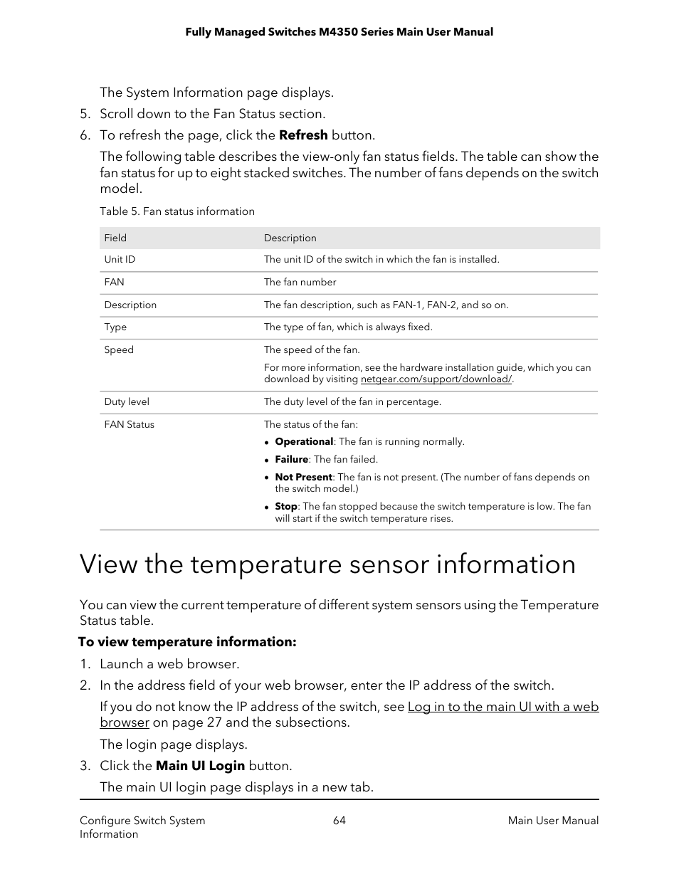 View the temperature sensor information | NETGEAR M4350-24F4V 24-Port 10G SFP+ Managed AV Network Switch User Manual | Page 64 / 971