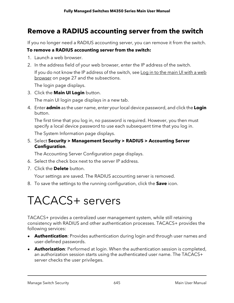 Remove a radius accounting server from the switch, Tacacs+ servers | NETGEAR M4350-24F4V 24-Port 10G SFP+ Managed AV Network Switch User Manual | Page 645 / 971