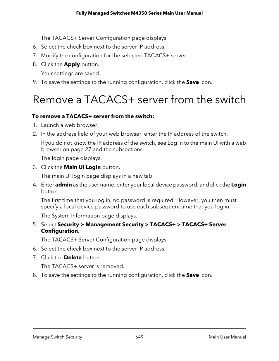 Remove a tacacs+ server from the switch | NETGEAR M4350-24F4V 24-Port 10G SFP+ Managed AV Network Switch User Manual | Page 649 / 971